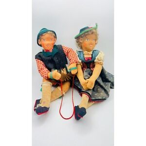 Vintage Bavarian Tyrolean Felt Cloth Dolls Pair Boy Accordion Girl Dirndl 7.5"